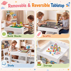4 in 1 Kids Table and Chairs with Building Blocks and Bookshelves-Grey