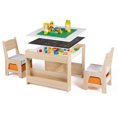 4 in 1 Kids Table and Chairs with Building Blocks and Bookshelves-Natural