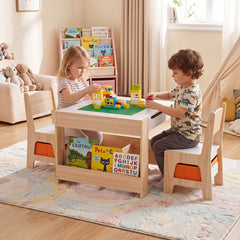 4 in 1 Kids Table and Chairs with Building Blocks and Bookshelves-Natural