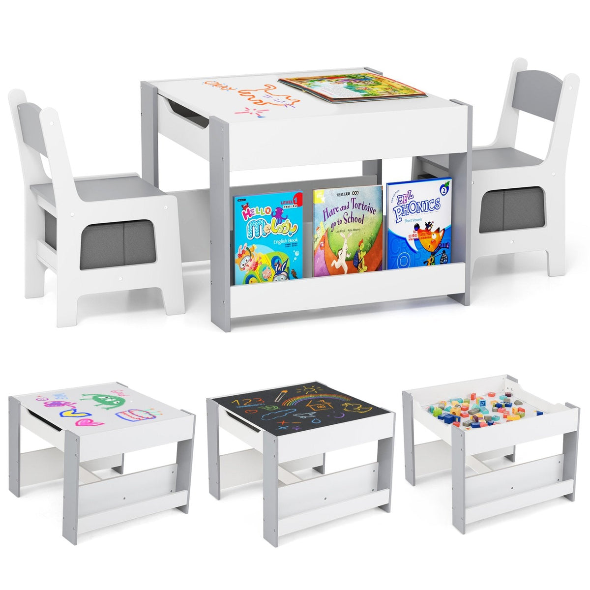 4 in 1 Kids Toddler Activity Table and Chairs Set with Reversible Tabletop-Grey