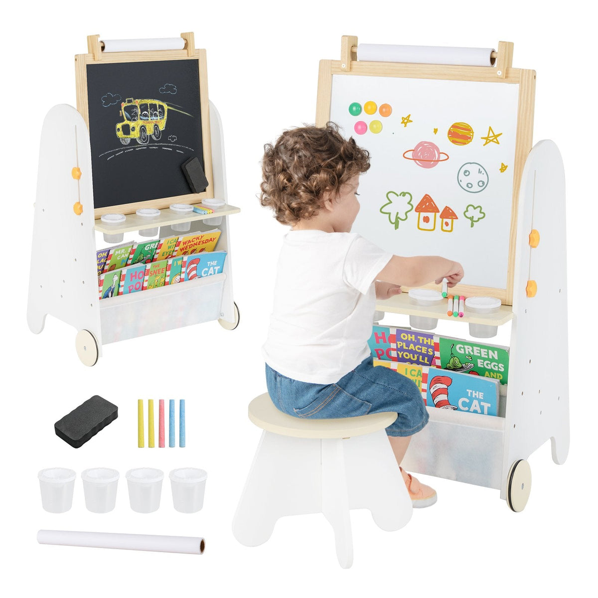 4-in-1 Toddler Activity Table Set with Magnetic Whiteboard and Chalk Board-Natural
