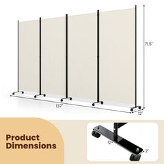 4 Panel Folding Privacy Screen Room Divider with Wheels-White