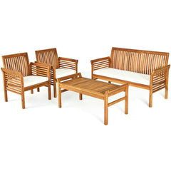 4 Piece Acacia Wood Patio Sofa Set, Slatted Loveseat Rated 705 lb, 2 Chairs Rated 360 lb with Off White Cushions and a 40 in Table
