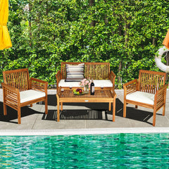 4 Piece Acacia Wood Patio Sofa Set, Slatted Loveseat Rated 705 lb, 2 Chairs Rated 360 lb with Off White Cushions and a 40 in Table