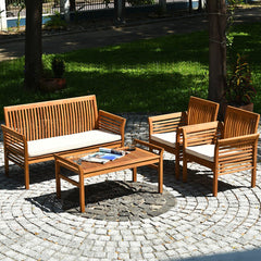 4 Piece Acacia Wood Patio Sofa Set, Slatted Loveseat Rated 705 lb, 2 Chairs Rated 360 lb with Off White Cushions and a 40 in Table
