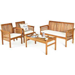 4 Piece Acacia Wood Patio Sofa Set, Slatted Loveseat Rated 705 lb, 2 Chairs Rated 360 lb with Off White Cushions and a 40 in Table