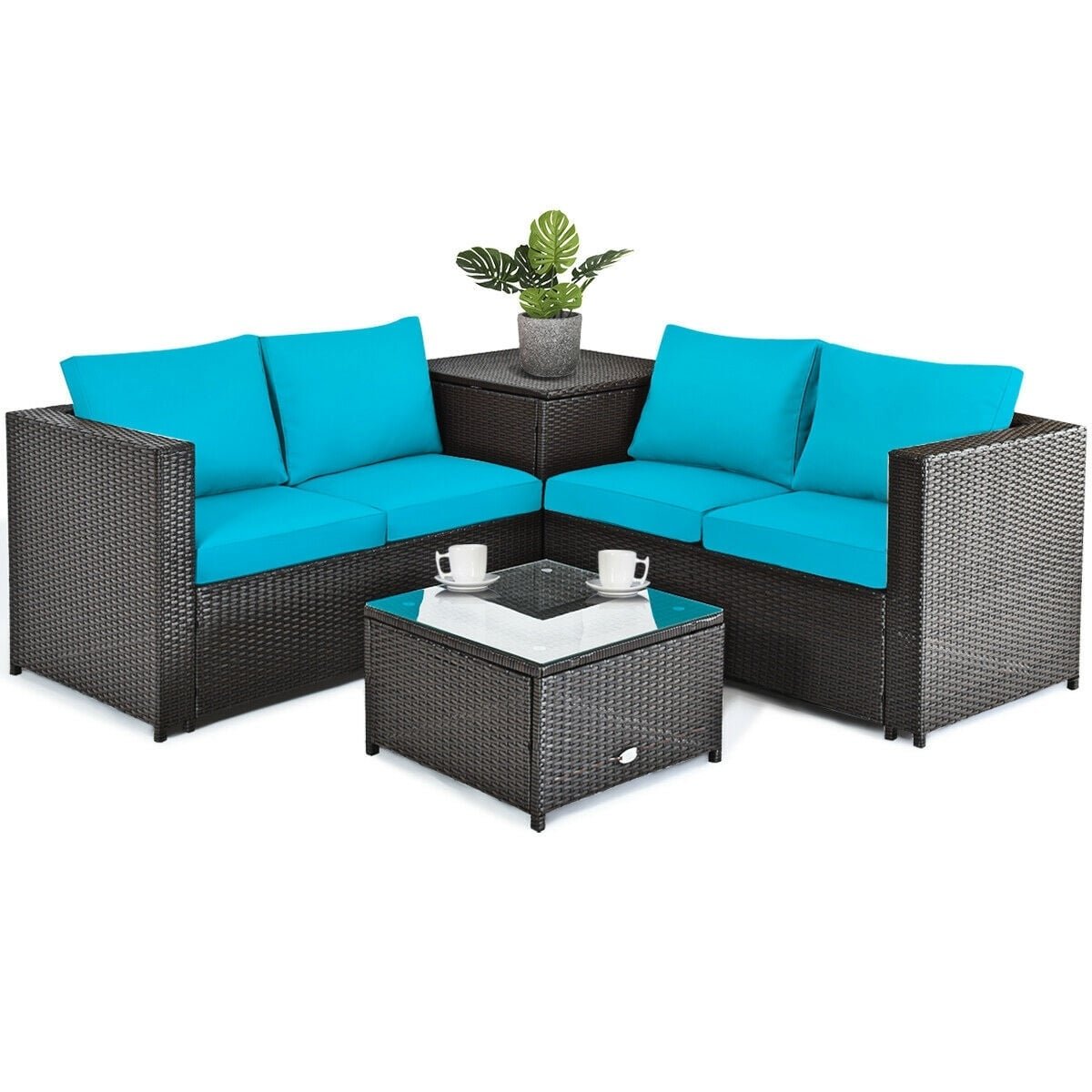 4 Piece Outdoor Rattan Set with Storage Corner Table, 2 Loveseats and Glass Coffee Table, Turquoise Cushions