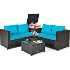 4 Piece Outdoor Rattan Set with Storage Corner Table, 2 Loveseats and Glass Coffee Table, Turquoise Cushions