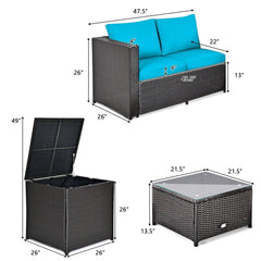 4 Piece Outdoor Rattan Set with Storage Corner Table, 2 Loveseats and Glass Coffee Table, Turquoise Cushions