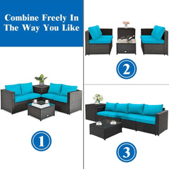 4 Piece Outdoor Rattan Set with Storage Corner Table, 2 Loveseats and Glass Coffee Table, Turquoise Cushions