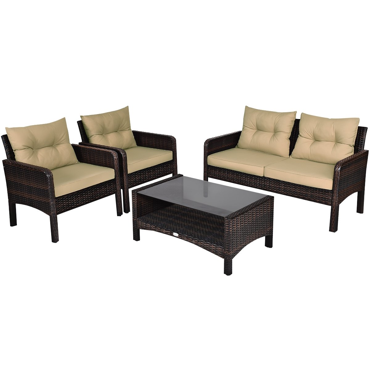 4 Piece Patio Rattan Free Combination Sofa Set, 52.5 in Loveseat, 2 Sofas and Two Tier Glass Coffee Table, Coffee Cushions