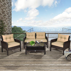 4 Piece Patio Rattan Free Combination Sofa Set, 52.5 in Loveseat, 2 Sofas and Two Tier Glass Coffee Table, Coffee Cushions