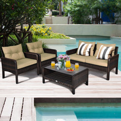 4 Piece Patio Rattan Free Combination Sofa Set, 52.5 in Loveseat, 2 Sofas and Two Tier Glass Coffee Table, Coffee Cushions