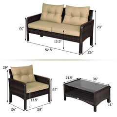 4 Piece Patio Rattan Free Combination Sofa Set, 52.5 in Loveseat, 2 Sofas and Two Tier Glass Coffee Table, Coffee Cushions