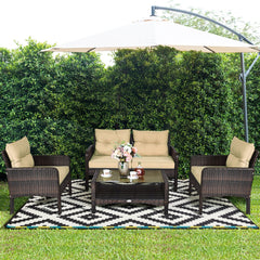 4 Piece Patio Rattan Free Combination Sofa Set, 52.5 in Loveseat, 2 Sofas and Two Tier Glass Coffee Table, Coffee Cushions