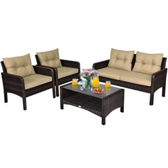 4 Piece Patio Rattan Free Combination Sofa Set, 52.5 in Loveseat, 2 Sofas and Two Tier Glass Coffee Table, Coffee Cushions