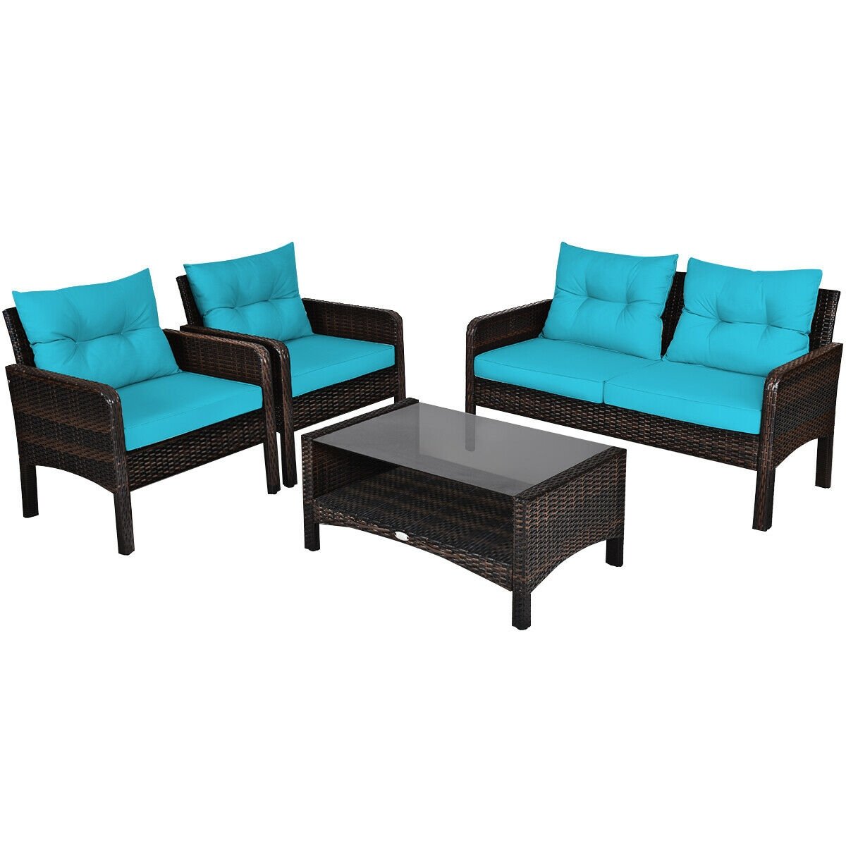 4 Piece Outdoor Rattan Wicker Set, 52.5 in Loveseat, 2 Sofas and Two Tier Tempered Glass Coffee Table, Turquoise Cushions