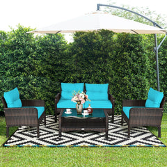 4 Piece Outdoor Rattan Wicker Set, 52.5 in Loveseat, 2 Sofas and Two Tier Tempered Glass Coffee Table, Turquoise Cushions
