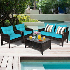 4 Piece Outdoor Rattan Wicker Set, 52.5 in Loveseat, 2 Sofas and Two Tier Tempered Glass Coffee Table, Turquoise Cushions