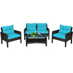 4 Piece Outdoor Rattan Wicker Set, 52.5 in Loveseat, 2 Sofas and Two Tier Tempered Glass Coffee Table, Turquoise Cushions