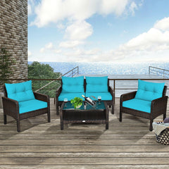 4 Piece Outdoor Rattan Wicker Set, 52.5 in Loveseat, 2 Sofas and Two Tier Tempered Glass Coffee Table, Turquoise Cushions
