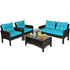 4 Piece Outdoor Rattan Wicker Set, 52.5 in Loveseat, 2 Sofas and Two Tier Tempered Glass Coffee Table, Turquoise Cushions