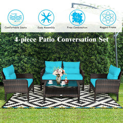4 Piece Outdoor Rattan Wicker Set, 52.5 in Loveseat, 2 Sofas and Two Tier Tempered Glass Coffee Table, Turquoise Cushions