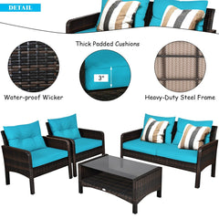 4 Piece Outdoor Rattan Wicker Set, 52.5 in Loveseat, 2 Sofas and Two Tier Tempered Glass Coffee Table, Turquoise Cushions
