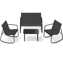 4 Piece Patio Sling Conversation Set, Loveseat Rated 660 lb, 2 Rocking Chairs Rated 330 lb and a Glass Top Coffee Table, Black