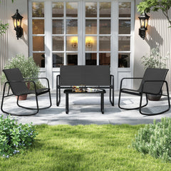 4 Piece Patio Sling Conversation Set, Loveseat Rated 660 lb, 2 Rocking Chairs Rated 330 lb and a Glass Top Coffee Table, Black