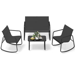 4 Piece Patio Sling Conversation Set, Loveseat Rated 660 lb, 2 Rocking Chairs Rated 330 lb and a Glass Top Coffee Table, Black