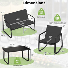 4 Piece Patio Sling Conversation Set, Loveseat Rated 660 lb, 2 Rocking Chairs Rated 330 lb and a Glass Top Coffee Table, Black