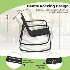 4 Piece Patio Sling Conversation Set, Loveseat Rated 660 lb, 2 Rocking Chairs Rated 330 lb and a Glass Top Coffee Table, Black