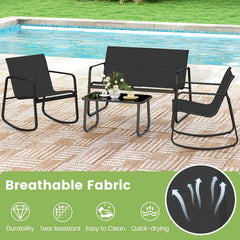 4 Piece Patio Sling Conversation Set, Loveseat Rated 660 lb, 2 Rocking Chairs Rated 330 lb and a Glass Top Coffee Table, Black