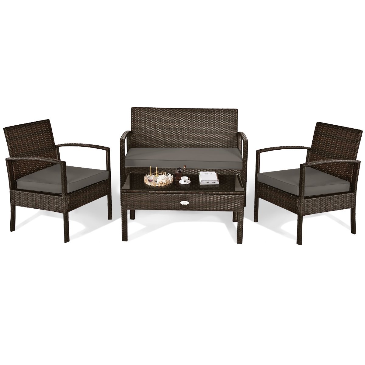 4 Piece Brown Rattan Patio Conversation Set with Glass Coffee Table