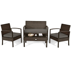 4 Piece Brown Rattan Patio Conversation Set with Glass Coffee Table