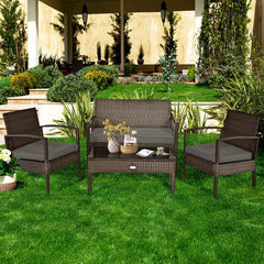 4 Piece Brown Rattan Patio Conversation Set with Glass Coffee Table