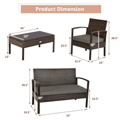 4 Piece Brown Rattan Patio Conversation Set with Glass Coffee Table