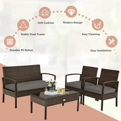 4 Piece Brown Rattan Patio Conversation Set with Glass Coffee Table