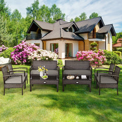 4 Piece Brown Rattan Patio Conversation Set with Glass Coffee Table
