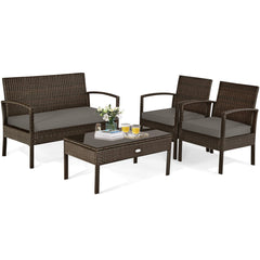 4 Piece Brown Rattan Patio Conversation Set with Glass Coffee Table