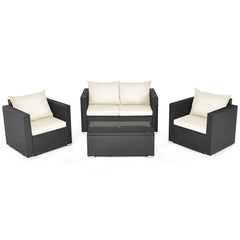 4 Piece Deep Seat Rattan Patio Conversation Set with Glass Coffee Table, Off White