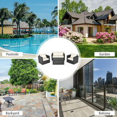 4 Piece Deep Seat Rattan Patio Conversation Set with Glass Coffee Table, Off White