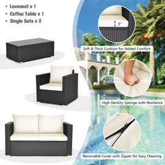 4 Piece Deep Seat Rattan Patio Conversation Set with Glass Coffee Table, Off White
