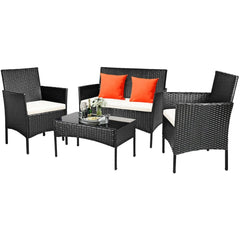 4 Piece Patio Rattan Conversation Set, Black Wicker Loveseat, 2 Armchairs with Off White Cushions and a 28 in Glass Top Table