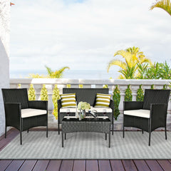 4 Piece Patio Rattan Conversation Set, Black Wicker Loveseat, 2 Armchairs with Off White Cushions and a 28 in Glass Top Table