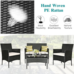 4 Piece Patio Rattan Conversation Set, Black Wicker Loveseat, 2 Armchairs with Off White Cushions and a 28 in Glass Top Table