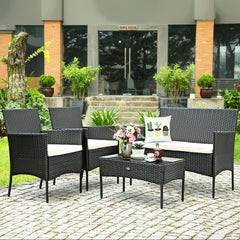 4 Piece Patio Rattan Conversation Set, Black Wicker Loveseat, 2 Armchairs with Off White Cushions and a 28 in Glass Top Table