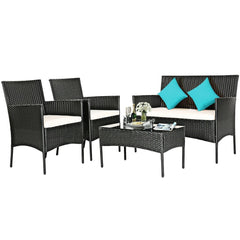 4 Piece Patio Rattan Conversation Set, Black Wicker Loveseat, 2 Armchairs with Off White Cushions and a 28 in Glass Top Table