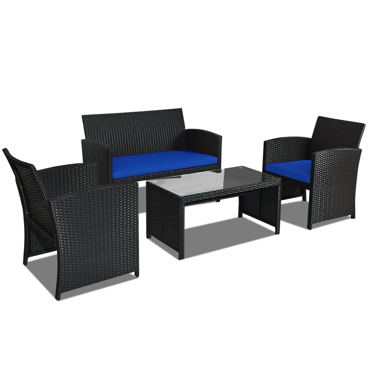 4 Piece Wicker Patio Conversation Set with Tempered Glass Coffee Table, Navy Cushions